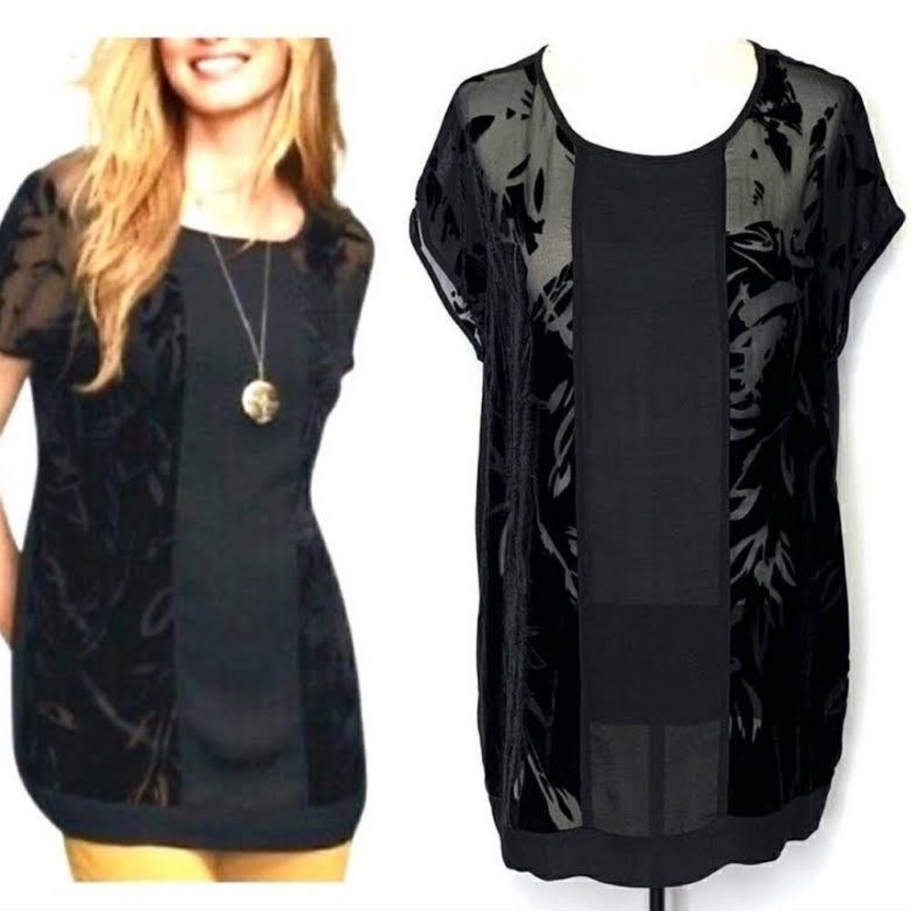 CAbi Siren Song Burnout Tunic Top XS Black Sheer
